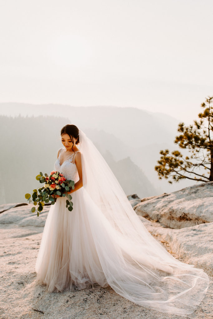 bride with bouquet Taft Point elopement, Yosemite Elopement, Glacier Point Elopement, best places to elope in california, northern california elopement, Rachel Christopherson Photography