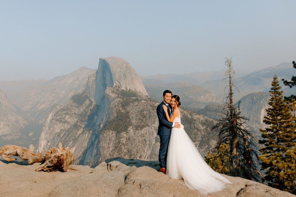 Bride and groom smiling at Glacier Point, Yosemite Elopement, Glacier Point Elopement, best places to elope in california, northern california elopement, Rachel Christopherson Photography