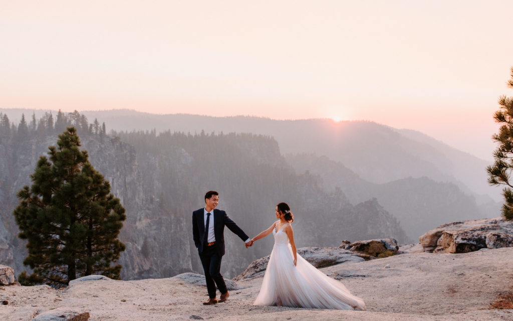 groom and bride walking during sunset, Taft Point elopement, Yosemite Elopement, Glacier Point Elopement, best places to elope in california, northern california elopement, Rachel Christopherson Photography