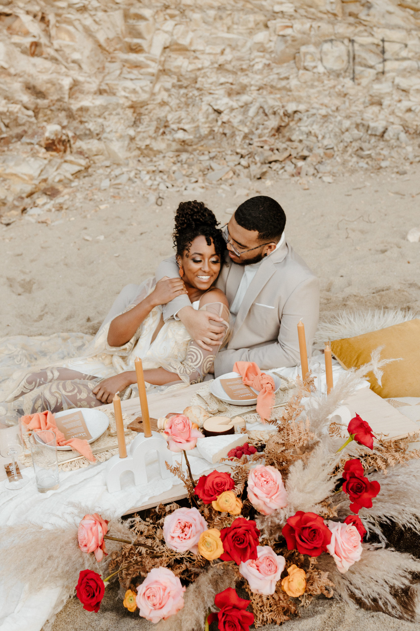 bride and groom at wedding beach picnic, Santa cruz wedding, santa cruz elopement, santa cruz wedding photographer, santa cruz elopement photographer, big sur elopement, boho beach bride, california boho elopement, boho wedding dress, best places to elope in California, California elopement, California beach elopement, boho bride inspo, Rachel Christopherson Photography