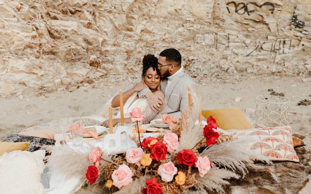 bride and groom at wedding beach picnic, Santa cruz wedding, santa cruz elopement, santa cruz wedding photographer, santa cruz elopement photographer, big sur elopement, boho beach bride, california boho elopement, boho wedding dress, best places to elope in California, California elopement, California beach elopement, boho bride inspo, Rachel Christopherson Photography