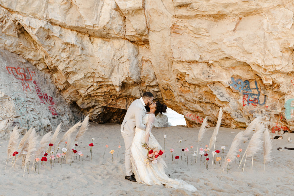 groom dipping bride back for kiss, Santa cruz wedding, santa cruz elopement, santa cruz wedding photographer, santa cruz elopement photographer, boho wedding dress, big sur elopement, boho beach bride, california boho elopement, best places to elope in California, California elopement, California beach elopement, boho bride inspo, Rachel Christopherson Photography