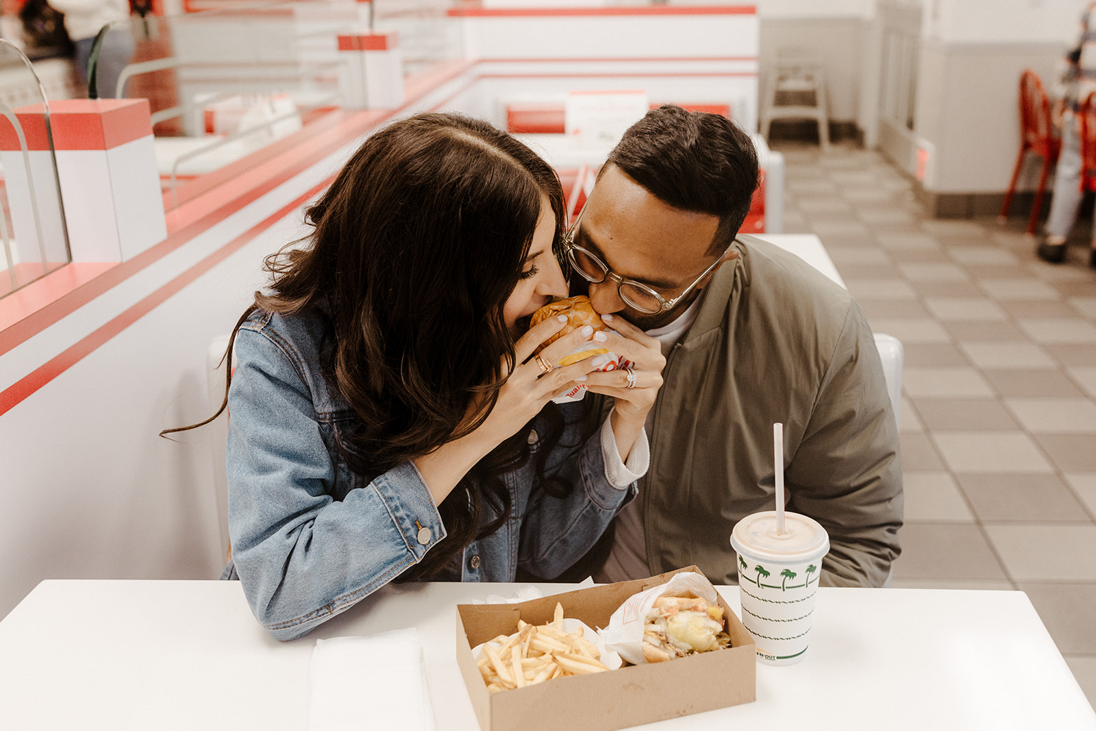 In n out engagement photos, creative engagement photos, Sacramento engagement photos, Sacramento engagement photographer, jean jacket engagement photos, unique engagement photos, fun engagement photos