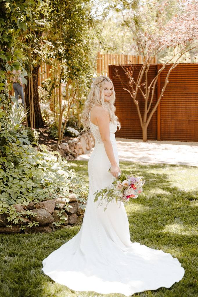 Rachel Christopherson Photography-Sacramento Garden Wedding-Rustic Wedding-Summer Wedding-Northern California-Nor Cal-Wedding Dress With Train-Lace Back Wedding Train-Bride-Bridal Bouquet-Bridal Portrait Shots