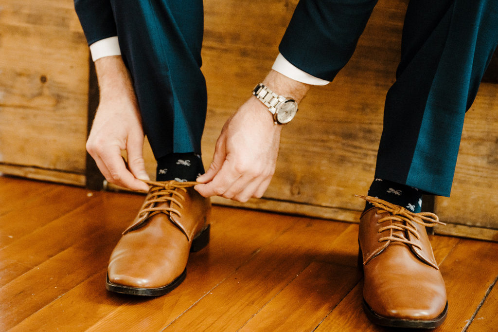 Rachel Christopherson Photography-Sacramento Garden Wedding-Rustic Wedding-Summer Wedding-Northern California-Nor Cal-Groom-Groom Getting Ready Photos-Groomsmen Getting Ready-Navy Groom's Suit-Brown Leather Shoes