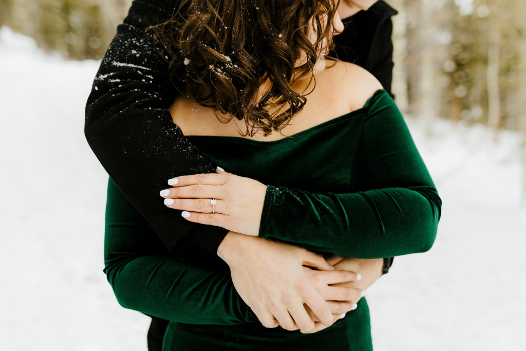 Rachel Christopherson Photography - northern california snowy engagement photos, engaged couple with arms around eachother, engagement ring photos