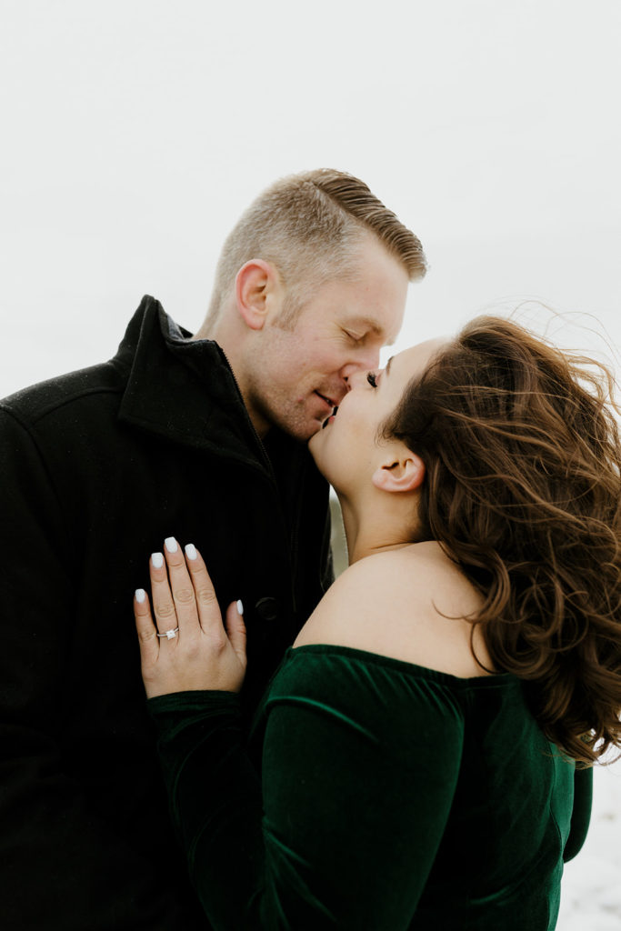 Rachel Christopherson Photography - northern california snowy engagement photos, engaged couple kissing, engagement ring photo
