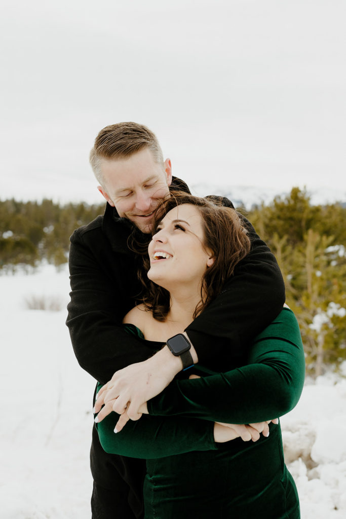 Rachel Christopherson Photography - Lake Tahoe engagement photos, engaged couple with arms around each other laughing