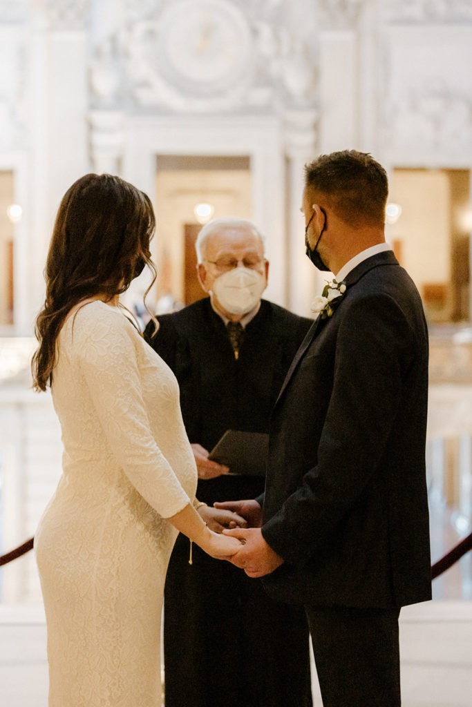Rachel Christopherson Photographer-SF, San Francisco city hall elopement, san francisco wedding, wedding ceremony, bride and groom, gray groom suit, ivory wedding dress