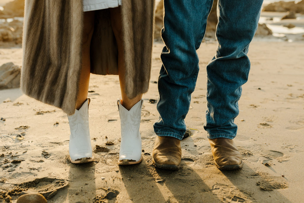 Rachel Christopherson Engagement Photographer-Engagement photo of couple's cowboy boots on beach-San Francisco Engagement Photos, Northern California Engagement Photos, Point Reyes Engagement Photos, Bodega Bay Engagement Photos, Dillon Beach Engagement Photos, Bay Area Engagement Photos