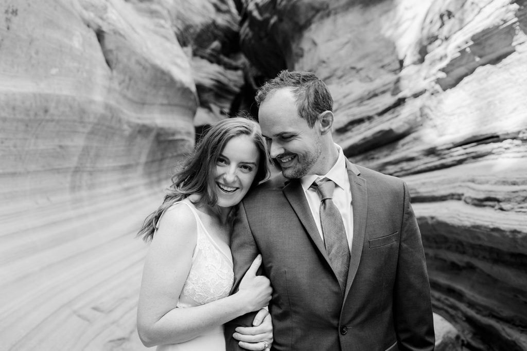 Rachel Christopherson Photography - Zion Utah elopement, National Park elopement, adventurous bride and groom, bride and groom photos, black and white elopement photos