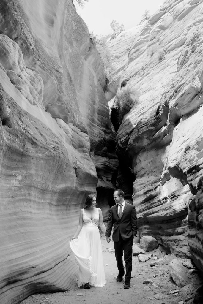 Rachel Christopherson Photography - Zion Utah elopement, National Park elopement, adventurous bride and groom, bride and groom photos, black and white elopement photos 