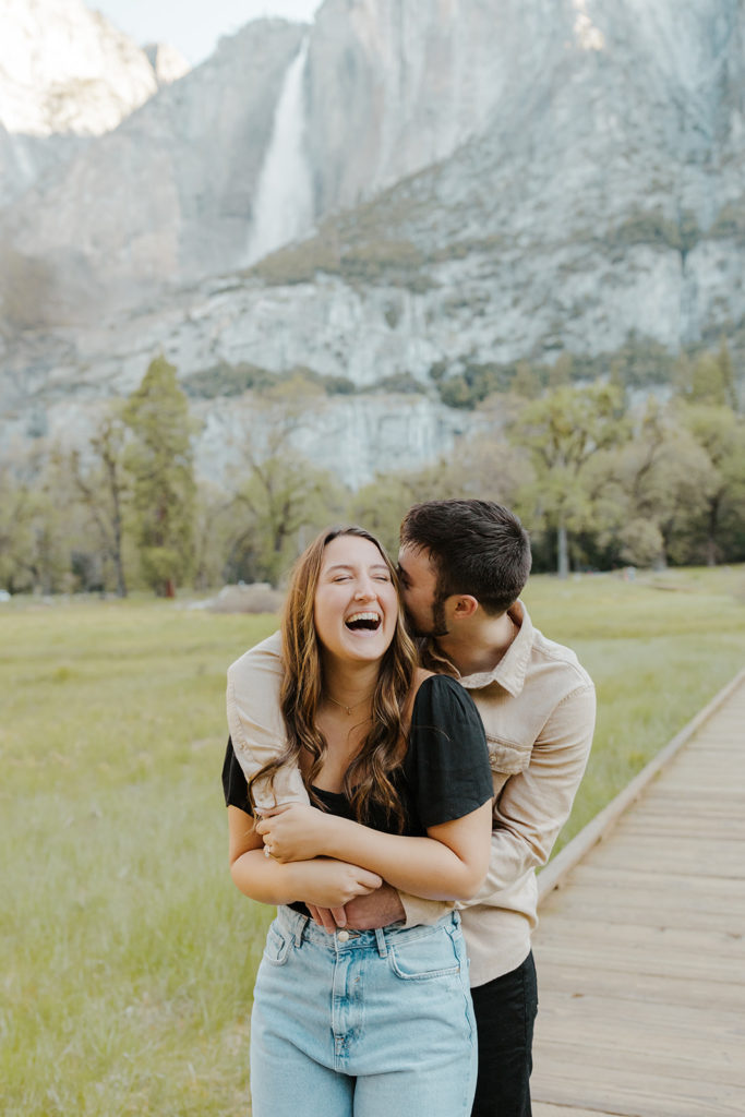 Rachel Christopherson Yosemite Engagement Photographer - Yosemite Falls engagement photos, surprise proposal photos, engaged couple laughing