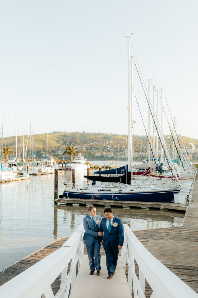 Rachel C Photography - Napa waterfront wedding venue, grooms walking on glen cove marina harbor