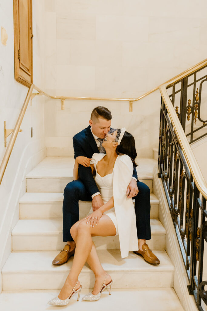 Rachel C Photography - bride and groom on stairs, intimate city hall elopement