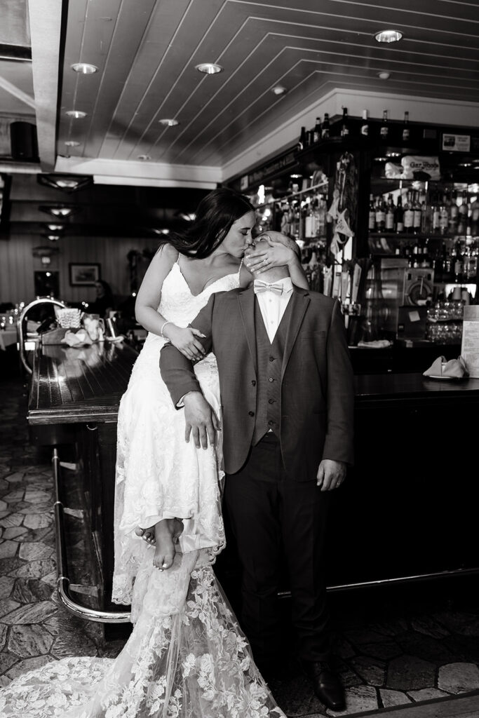 Bride and groom bar portraits in Gar Woods