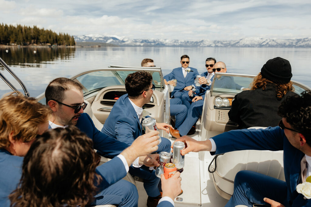 Groom and groomsmen on a boat