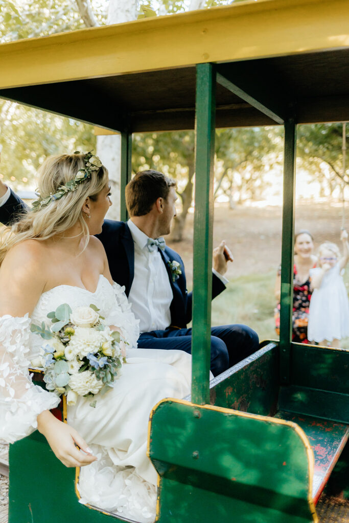 Bride and groom riding train