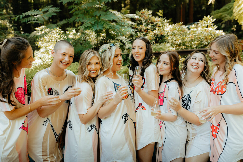 Bride and bridesmaids wearing cartoon bikini t shirt