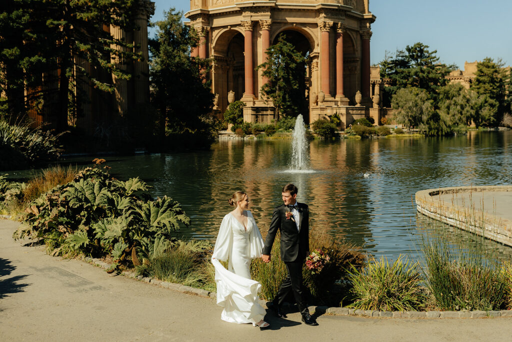 Bride and groom portraits at The Palace of Fine Arts in SF
