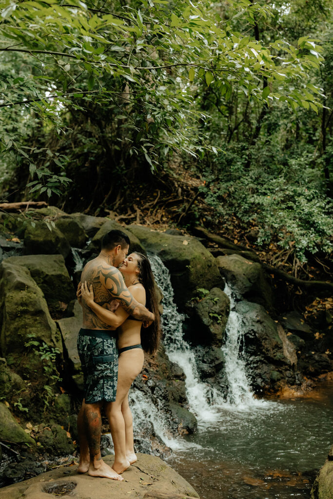 stunning couple at their Playful Waterfall Couple Photoshoot 