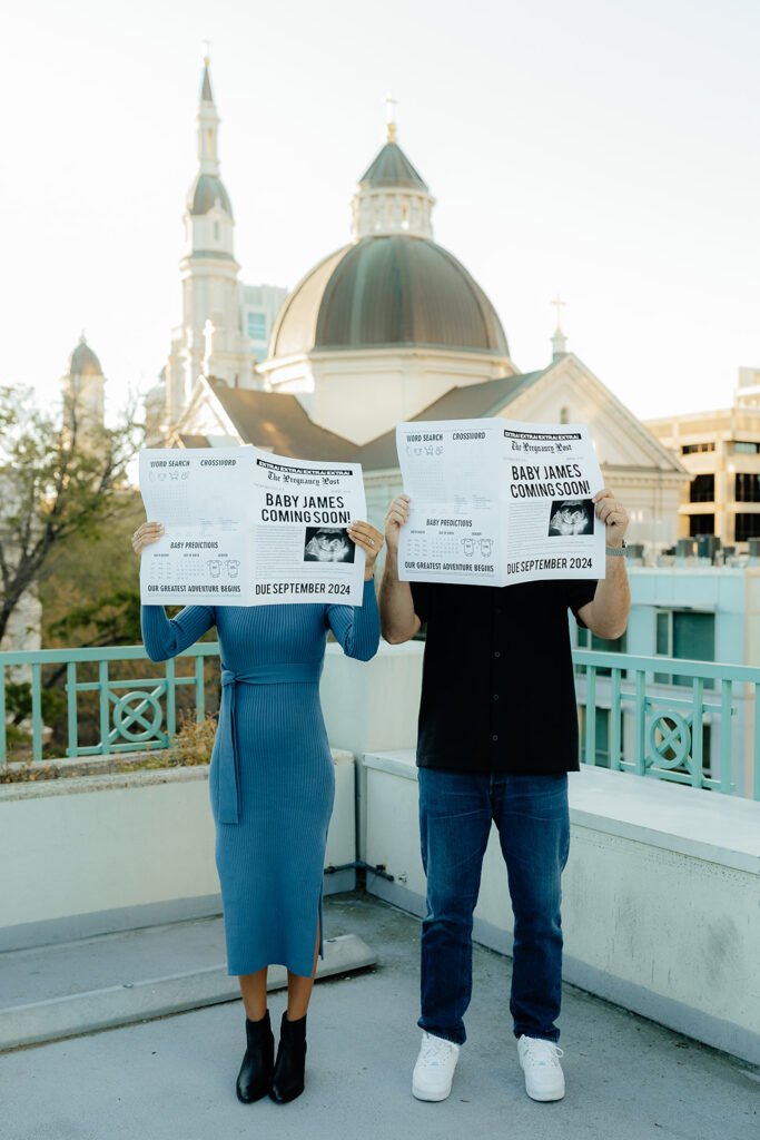 Cute Rooftop Baby Newspaper Announcement in Sacramento, CA