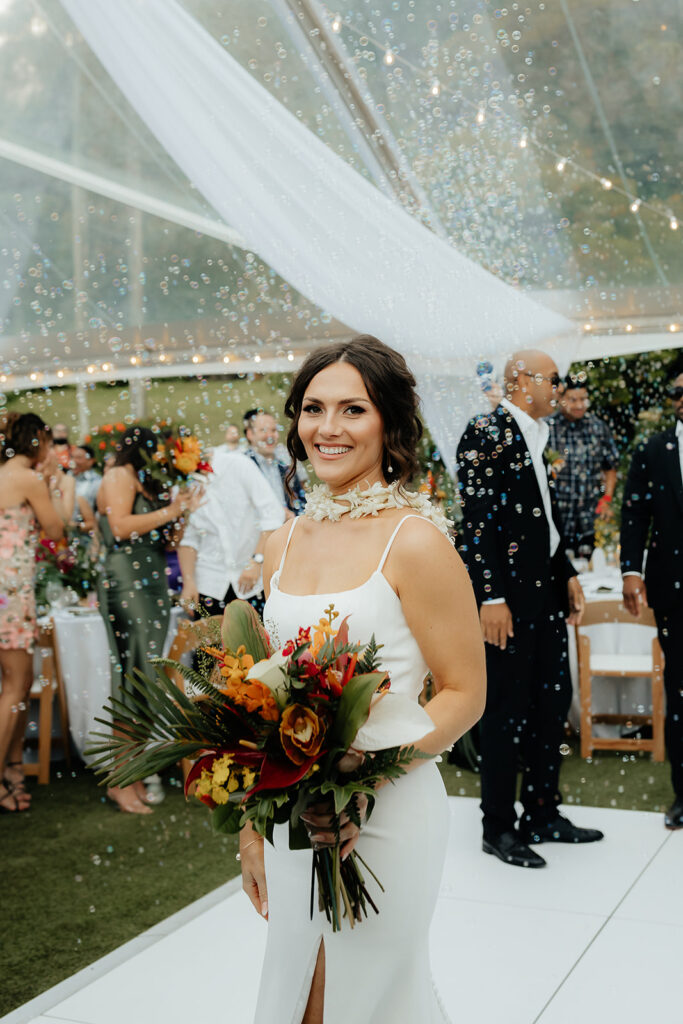 stunning portrait of the bride with her colorful wedding bouquet 