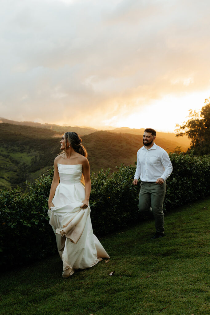 bride and groom walking around their wedding venue