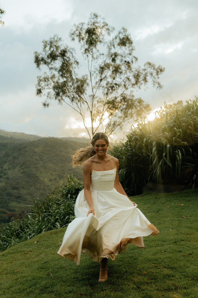 bride running during her wedding photoshoot