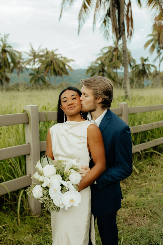 happy couple at their Intimate and Chic Sunrise Elopement in Oahu