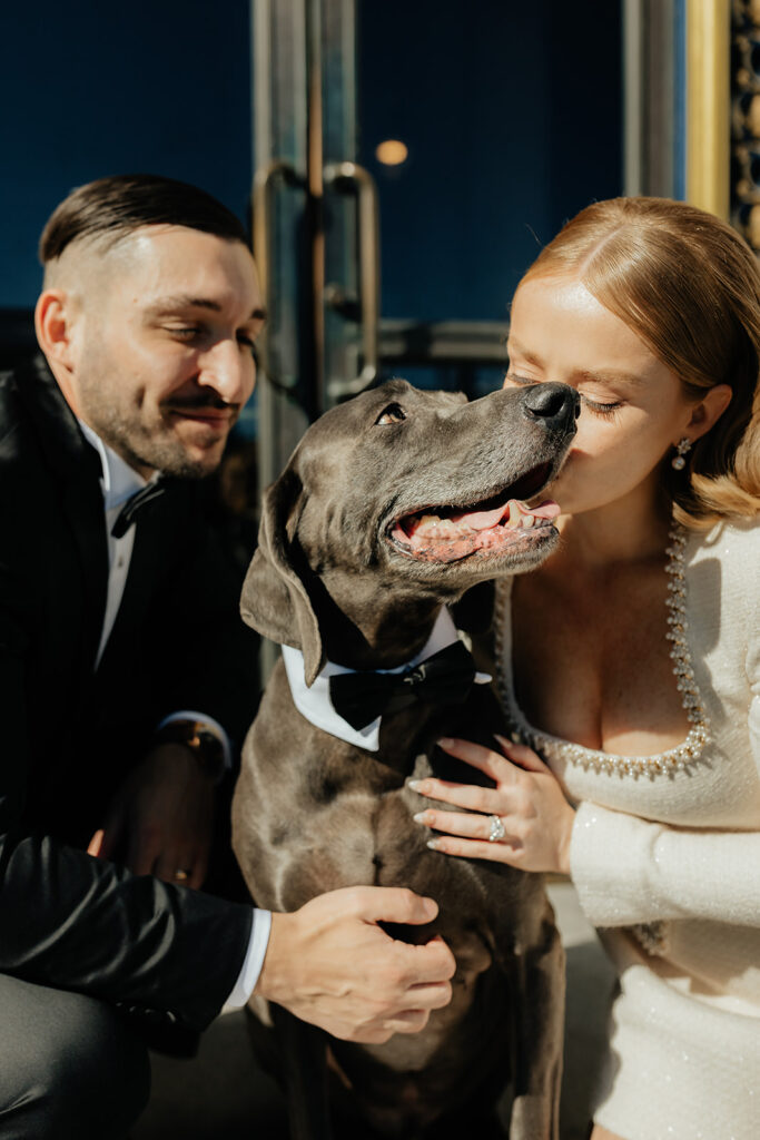 San Francisco City Hall Elopement outside front doors couple with dog in tuxedo